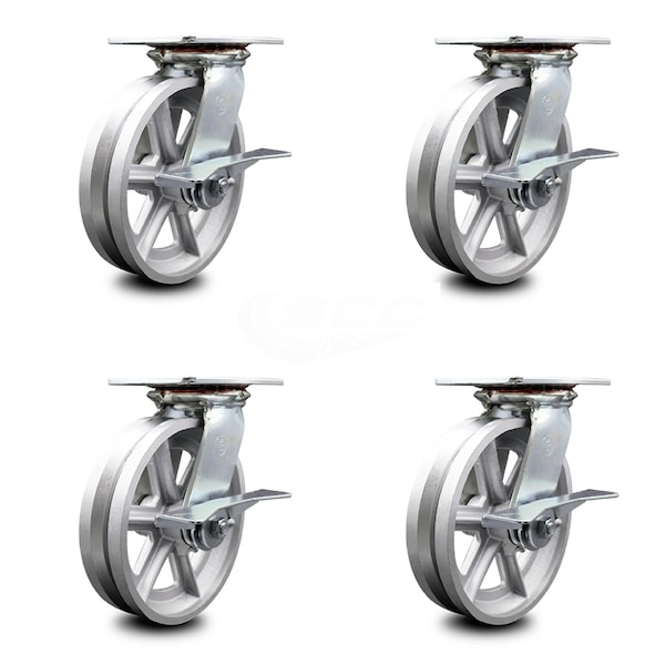 8 Inch Heavy Duty V Groove Semi Steel Caster Set with Ball Bearings and Brakes